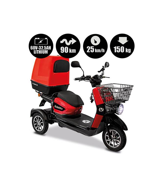 Rolektro, E-Carrier 25 V.3 Lithium, Rot, mit XXL-Koffer, 60V-32,5Ah Akku, 1000 Wat
